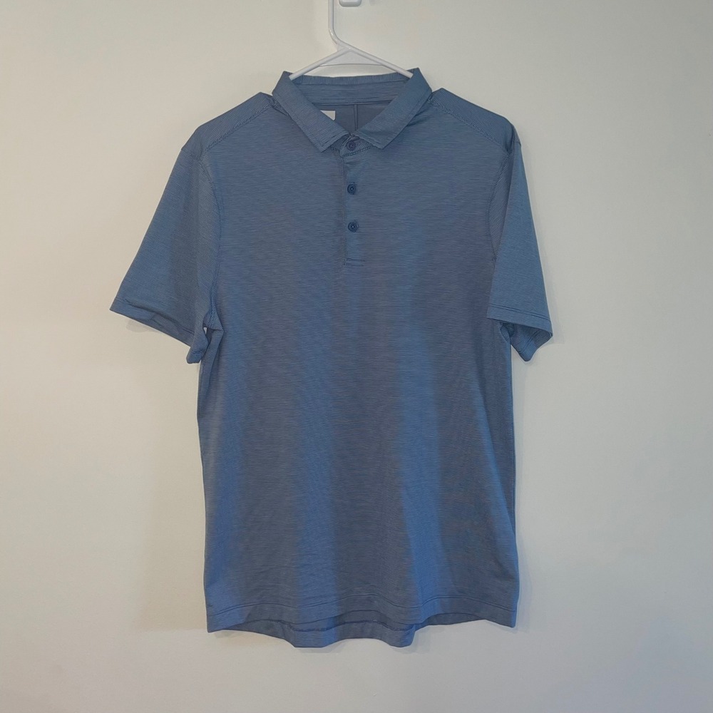 Lululemon Evolution Polo Shirt Mens Large Blue White Striped Short Sleeve Golf